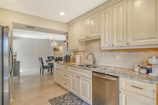 kitchen featuring a sink, visible vents, light wood-style floors, appliances with stainless steel finishes, and backsplash