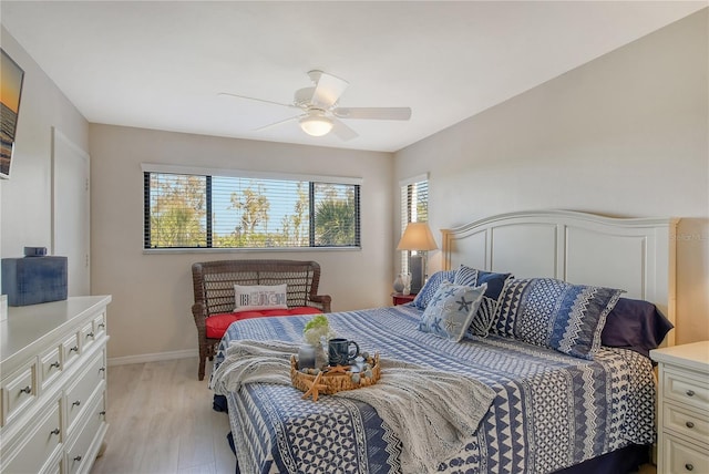 bedroom featuring light wood-type flooring, ceiling fan, and baseboards