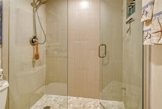 full bathroom with a stall shower and toilet