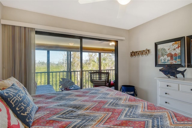 bedroom featuring a ceiling fan and access to outside