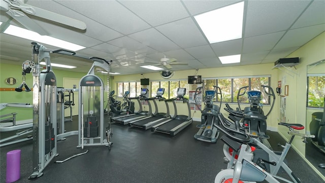 exercise room with a drop ceiling, a ceiling fan, and a healthy amount of sunlight