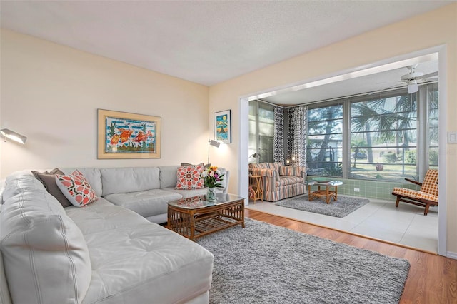 living room featuring hardwood / wood-style floors and a textured ceiling