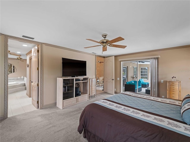 carpeted bedroom with ceiling fan, visible vents, baseboards, access to outside, and crown molding