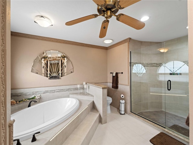 full bath featuring toilet, a stall shower, ornamental molding, and a bath