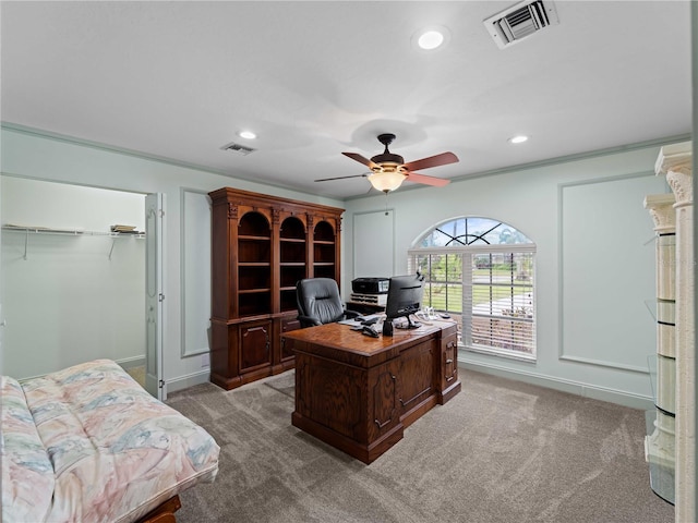 office space with ceiling fan, recessed lighting, light carpet, visible vents, and baseboards