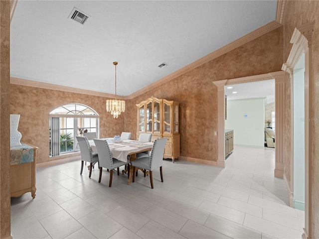 dining room with visible vents, a chandelier, and crown molding