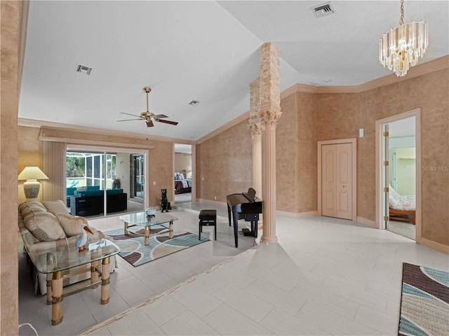 living area featuring ornate columns, baseboards, visible vents, and ceiling fan with notable chandelier