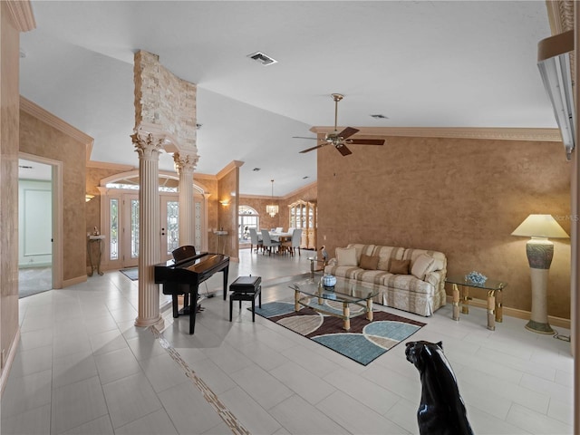 unfurnished living room with a ceiling fan, baseboards, visible vents, ornate columns, and crown molding