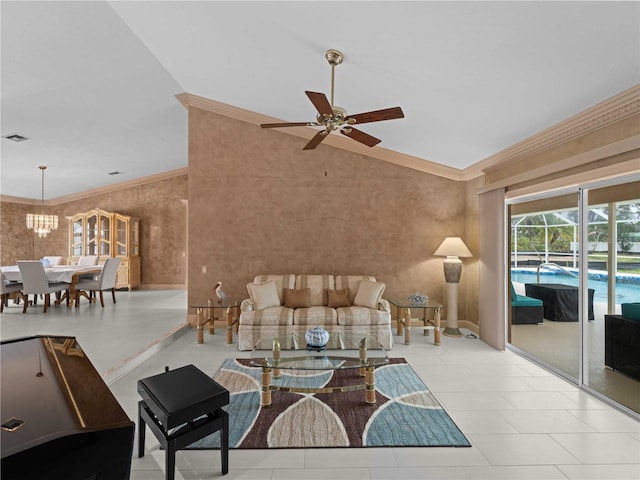 living area with wallpapered walls, visible vents, ornamental molding, and ceiling fan with notable chandelier