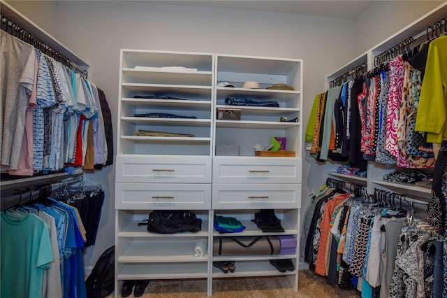 walk in closet with carpet floors