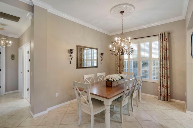 dining space with light tile patterned floors, visible vents, ornamental molding, and a notable chandelier