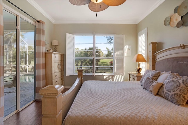 bedroom with access to exterior, ceiling fan, ornamental molding, and dark wood-style flooring