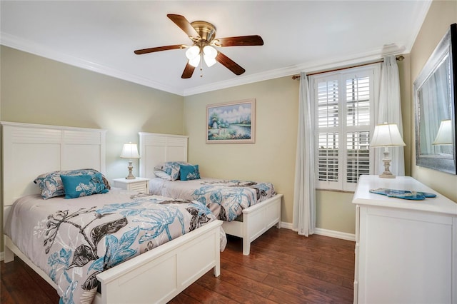 bedroom with ceiling fan, baseboards, ornamental molding, and dark wood finished floors