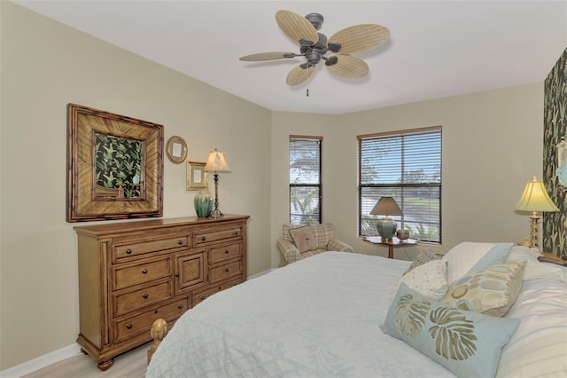 bedroom with ceiling fan and light hardwood / wood-style flooring