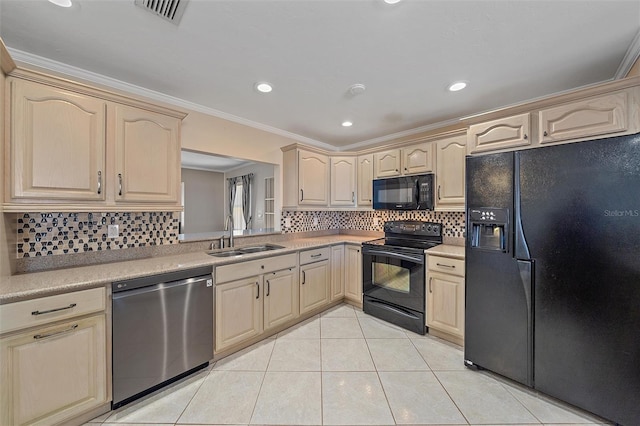 kitchen featuring light brown cabinetry, sink, crown molding, light tile patterned floors, and black appliances