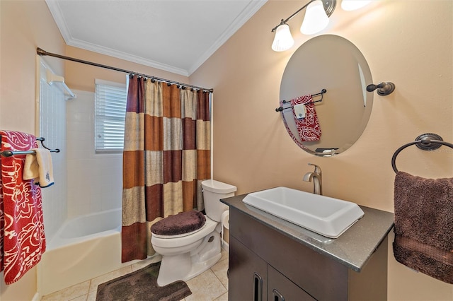 full bathroom with tile patterned floors, toilet, crown molding, vanity, and shower / bath combo with shower curtain