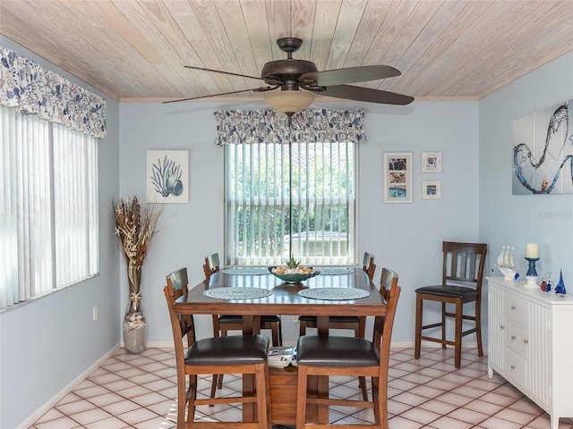 dining room with plenty of natural light, light tile patterned floors, and wooden ceiling