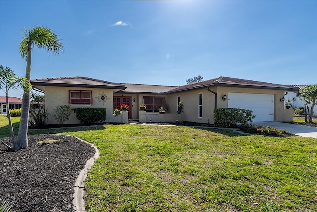 ranch-style house with a garage and a front yard