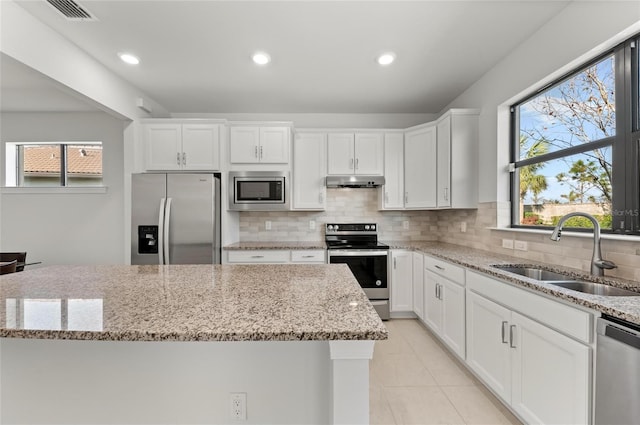 kitchen with sink, white cabinetry, a kitchen island, stainless steel appliances, and backsplash