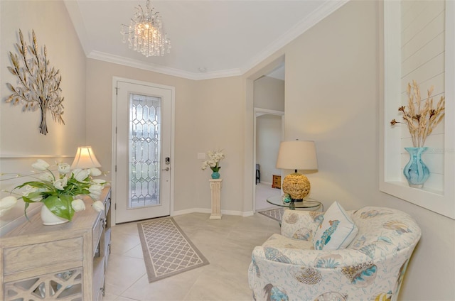 entryway featuring a notable chandelier, ornamental molding, and light tile patterned flooring