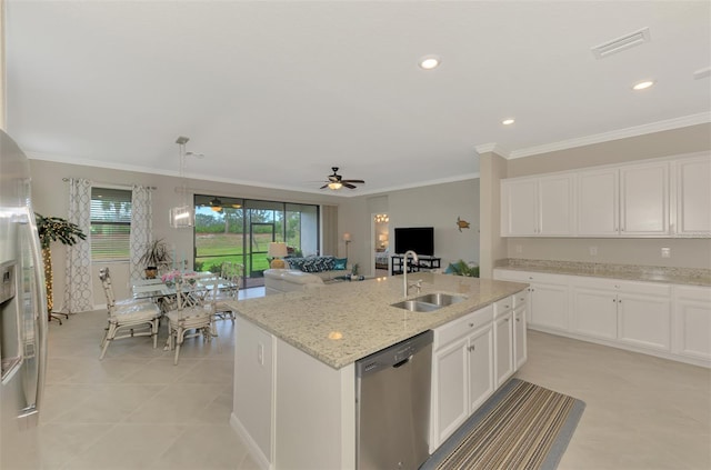 kitchen with sink, white cabinets, stainless steel dishwasher, light stone counters, and a center island with sink