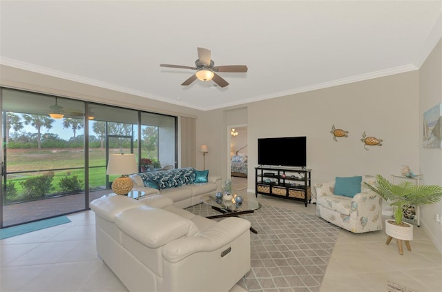 tiled living room with crown molding and ceiling fan