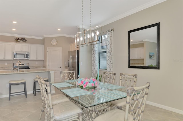 tiled dining area with crown molding