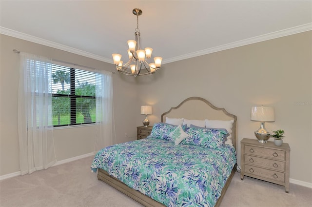 bedroom featuring an inviting chandelier, ornamental molding, and light carpet