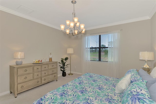 carpeted bedroom with ornamental molding and a notable chandelier