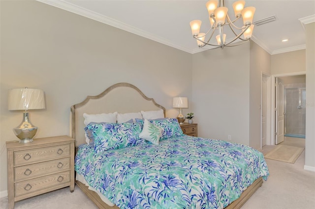 carpeted bedroom featuring ornamental molding