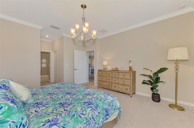 carpeted bedroom with crown molding and an inviting chandelier