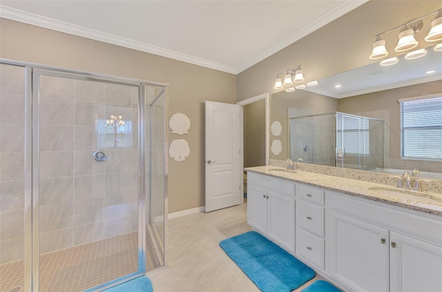 bathroom with an enclosed shower, vanity, crown molding, and tile patterned floors