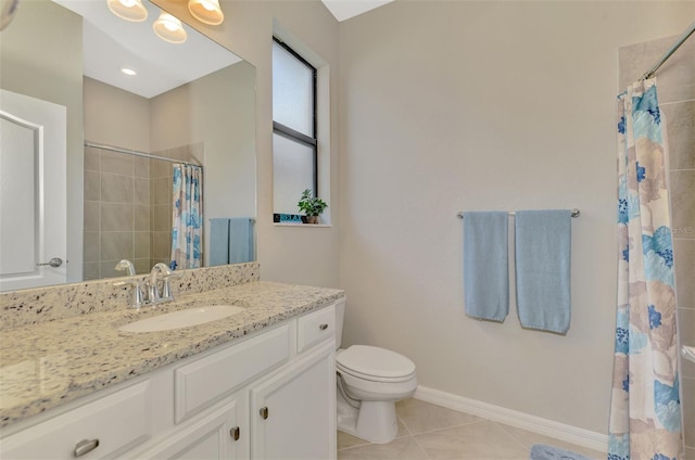 bathroom featuring walk in shower, tile patterned floors, toilet, and vanity