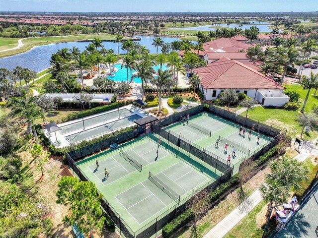 drone / aerial view with a water view