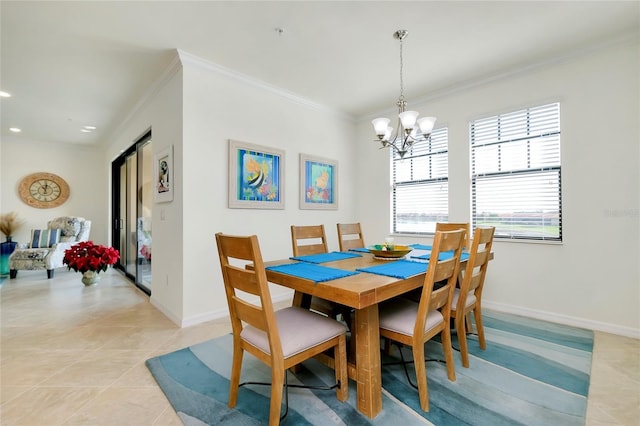 tiled dining area featuring crown molding and a notable chandelier