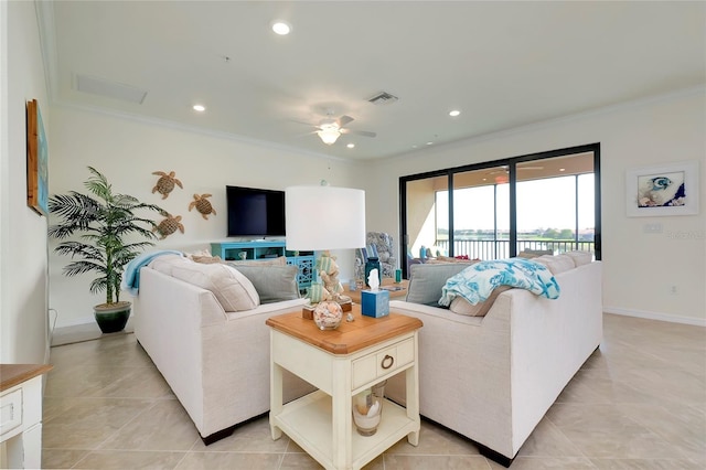 living room featuring recessed lighting, visible vents, and crown molding