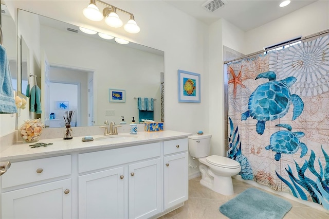 bathroom featuring visible vents, toilet, curtained shower, tile patterned flooring, and vanity