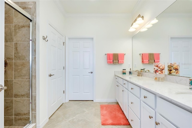 bathroom featuring an enclosed shower, crown molding, and vanity