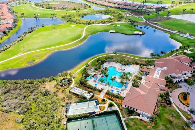 birds eye view of property featuring a water view and golf course view