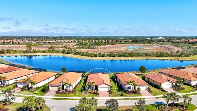 birds eye view of property featuring a water view and a residential view