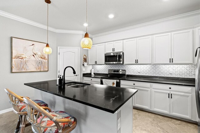 10466 Medjool Dr, Venice, FL 34293 - kitchen with a kitchen breakfast bar, ornamental molding, stainless steel appliances, decorative backsplash, and a sink