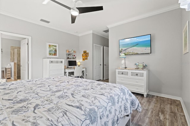 10466 Medjool Dr, Venice, FL 34293 - bedroom featuring crown molding, wood finished floors, baseboards, visible vents, and ceiling fan