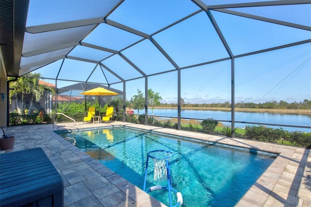 10466 Medjool Dr, Venice, FL 34293 - outdoor pool with glass enclosure, a water view, and a patio