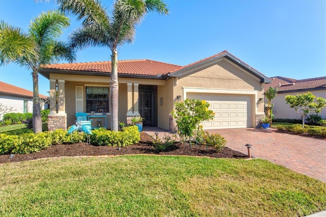 10466 Medjool Dr, Venice, FL 34293 - single story home featuring a tile roof, stucco siding, an attached garage, a front lawn, and decorative driveway