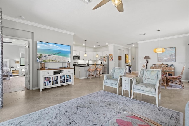 10466 Medjool Dr, Venice, FL 34293 - living area with light tile patterned floors, ornamental molding, baseboards, and ceiling fan
