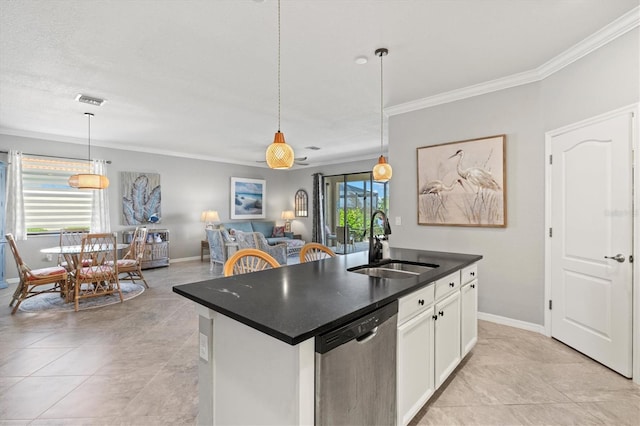 10466 Medjool Dr, Venice, FL 34293 - kitchen with ornamental molding, dark countertops, a sink, open floor plan, and stainless steel dishwasher
