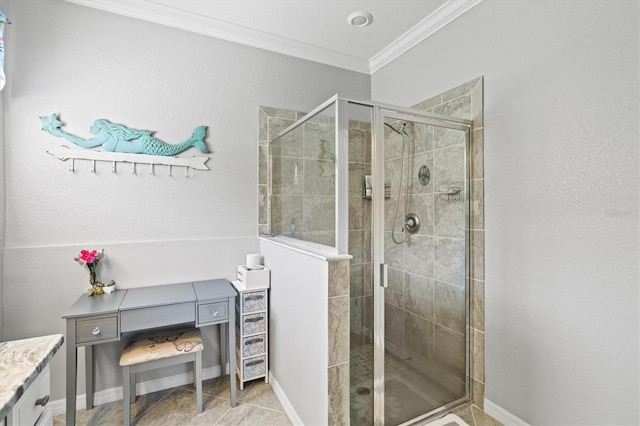 10466 Medjool Dr, Venice, FL 34293 - full bath with vanity, crown molding, a stall shower, and baseboards