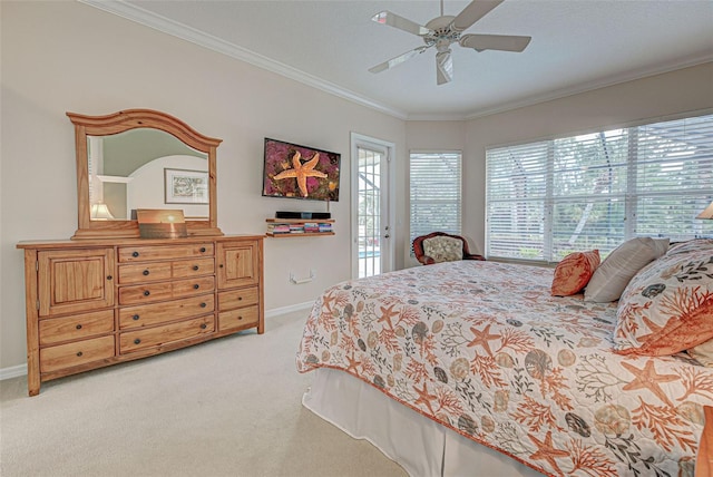 408 Otter Creek Dr, Venice, FL 34292 - bedroom featuring light carpet, baseboards, crown molding, access to exterior, and a ceiling fan