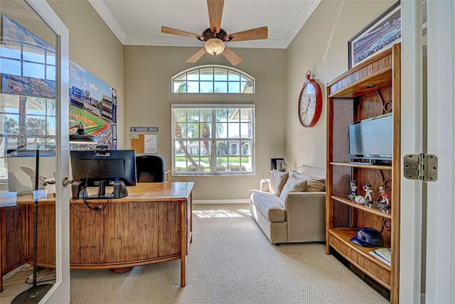 408 Otter Creek Dr, Venice, FL 34292 - office with carpet floors, a ceiling fan, ornamental molding, healthy amount of natural light, and baseboards