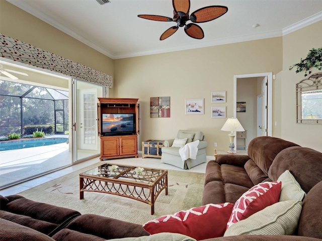 408 Otter Creek Dr, Venice, FL 34292 - living area with ceiling fan, ornamental molding, a sunroom, baseboards, and light colored carpet